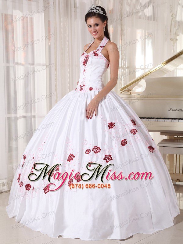 wholesale white ball gown halter floor-length taffeta embroidery quinceanera dress