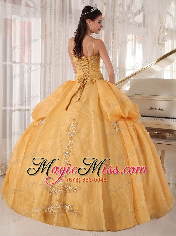 wholesale gold ball gown spaghetti straps floor-length taffeta and organza appliques quinceanera dress