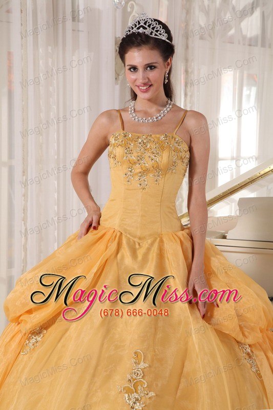 wholesale gold ball gown spaghetti straps floor-length taffeta and organza appliques quinceanera dress