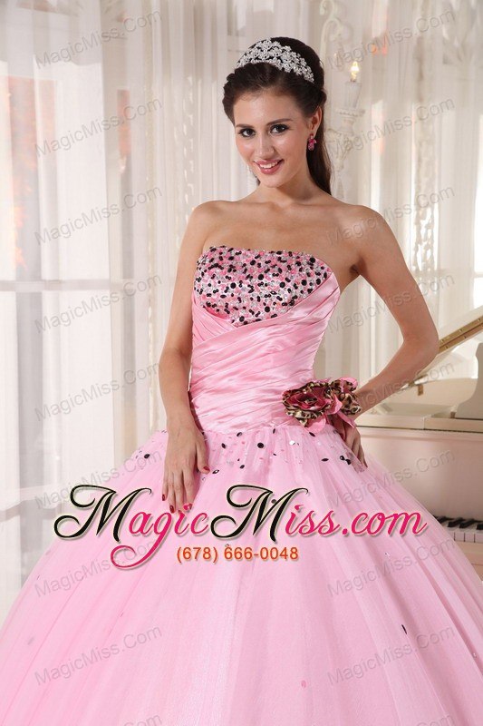 wholesale baby pink ball gown strapless floor-length tulle beading and ruch quinceanera dress