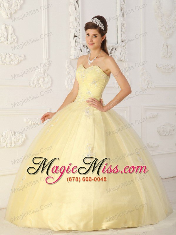wholesale light yellow ball gown sweetheart floor-length taffeta and organza appliques quinceanera dress