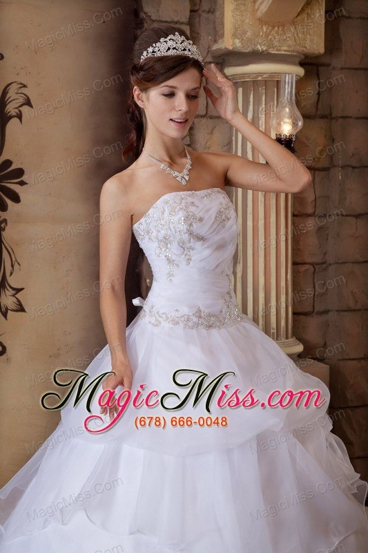 wholesale pretty ball gown strapless floor-length appliques satin and organza white quinceanera dress