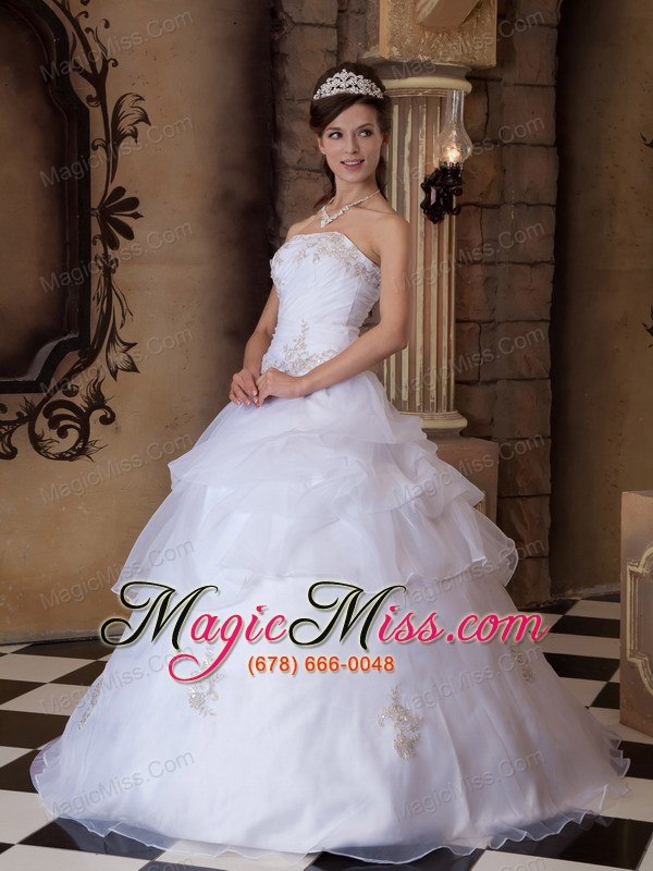 wholesale pretty ball gown strapless floor-length appliques satin and organza white quinceanera dress