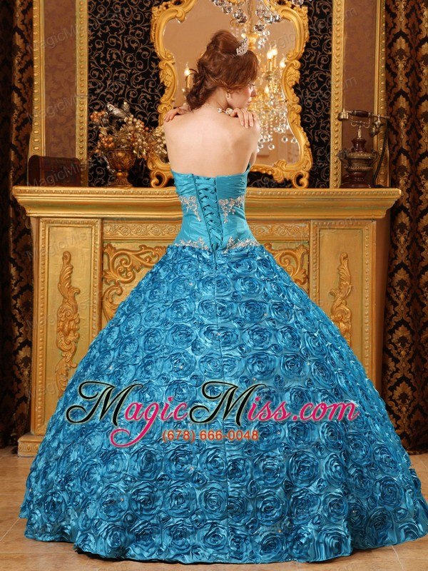 wholesale teal ball gown sweetheart floor-length fabric with rolling flowers appliques quinceanera dress