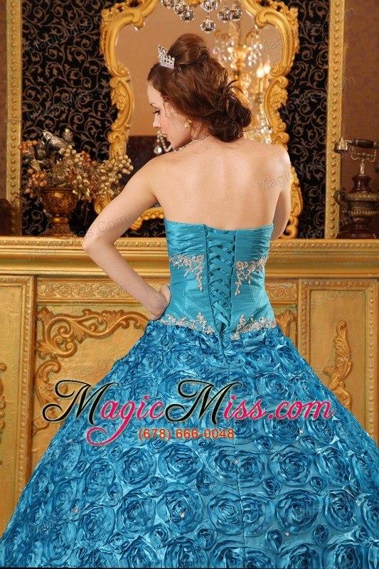 wholesale teal ball gown sweetheart floor-length fabric with rolling flowers appliques quinceanera dress
