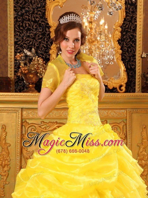 wholesale yellow ball gown strapless floor-length organza appliques quinceanera dress