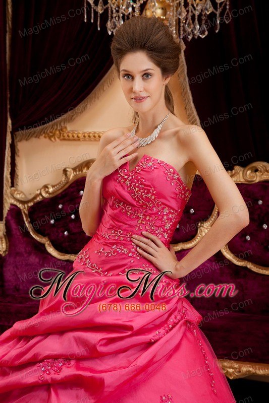 wholesale coral red ball gown strapless floor-length taffeta appliques quinceanera dress