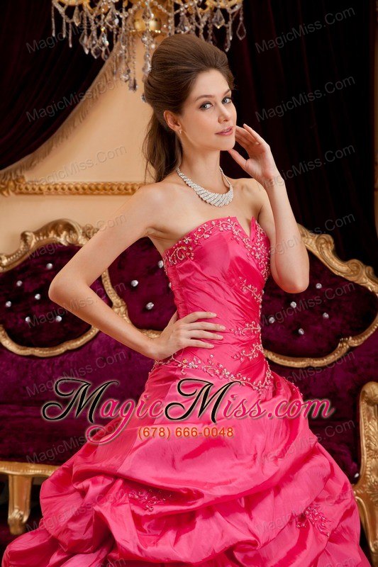 wholesale coral red ball gown strapless floor-length taffeta appliques quinceanera dress
