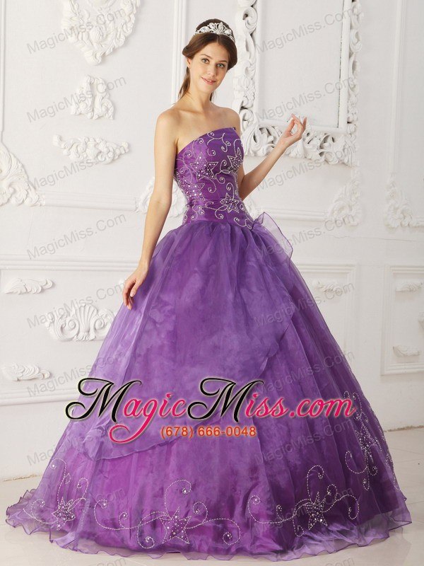 wholesale purple ball gown strapless floor-length satin and organza beading quinceanera dress