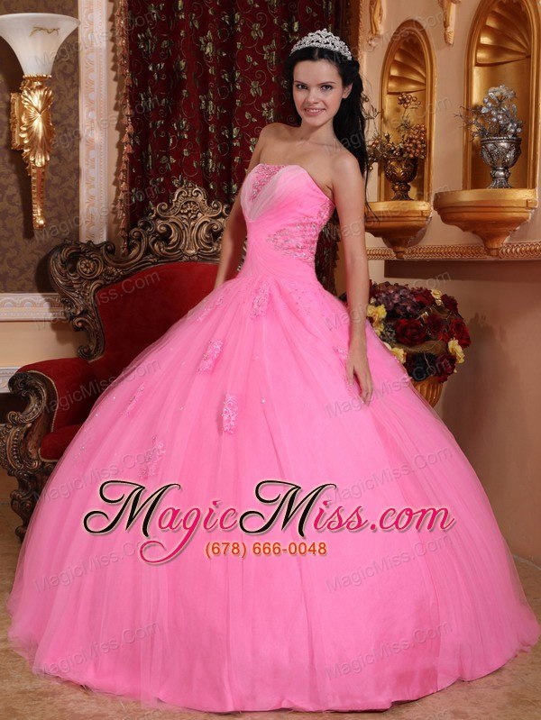 wholesale rose pink ball gown strapless floor-length tulle beading quinceanera dress