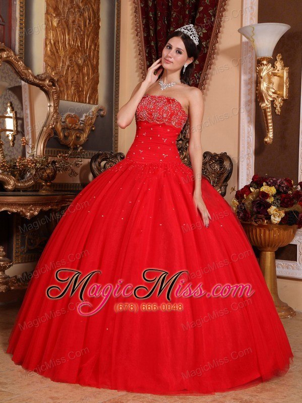 wholesale red ball gown strapless floor-length tulle beading quinceanera dress