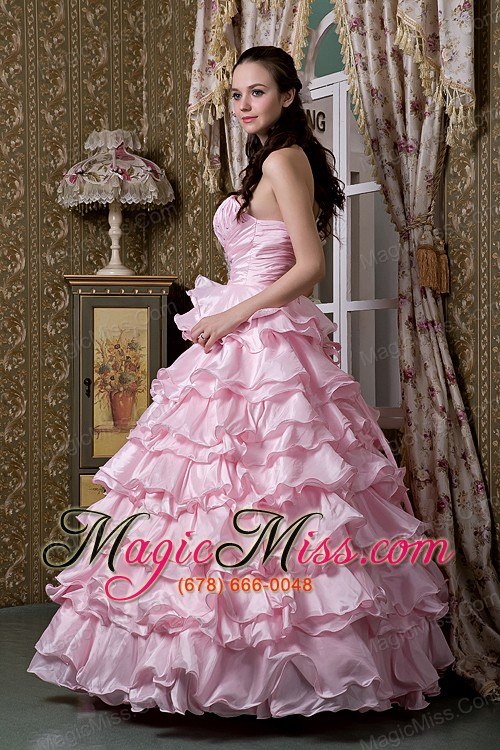 wholesale baby pink a-line one shoulder floor-length elastic woven satin beading ruffled layers quinceanea dress