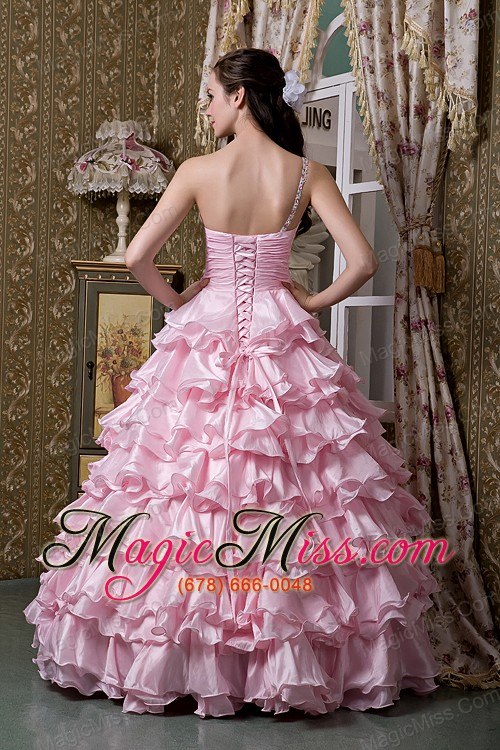 wholesale baby pink a-line one shoulder floor-length elastic woven satin beading ruffled layers quinceanea dress
