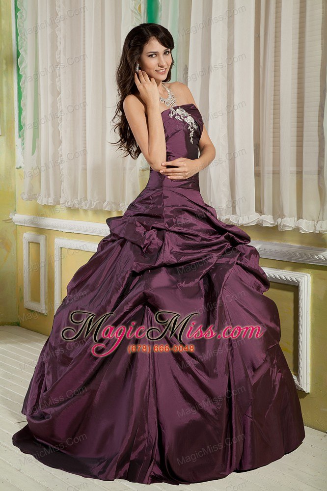 wholesale dark purple a-line / princess strapless floor-length taffeta appliques quinceanera dress