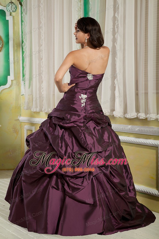 wholesale dark purple a-line / princess strapless floor-length taffeta appliques quinceanera dress