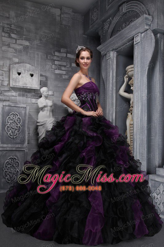 wholesale exclusive ball gown strapless floor-length taffeta and organza appliques and ruffles drak purple and black quinceanera dress