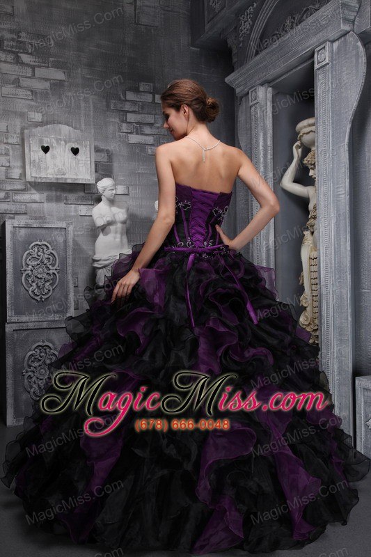 wholesale exclusive ball gown strapless floor-length taffeta and organza appliques and ruffles drak purple and black quinceanera dress