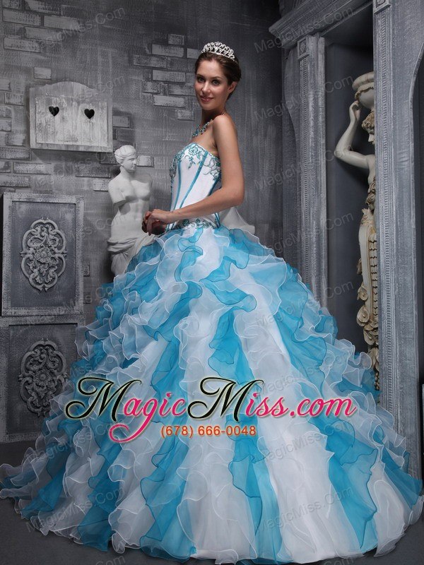 wholesale sweet ball gown sweetheart floor-length taffeta and organza appliques white and blue quinceanera dress