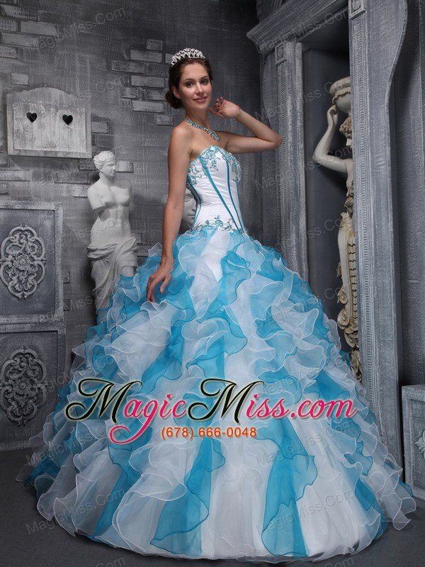 wholesale sweet ball gown sweetheart floor-length taffeta and organza appliques white and blue quinceanera dress