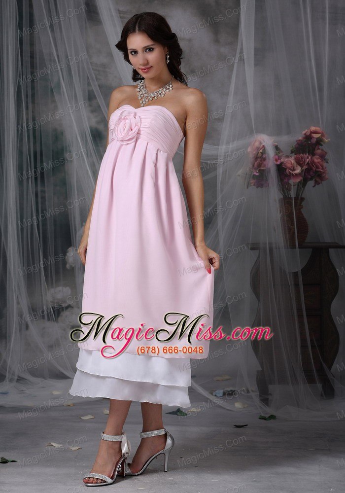wholesale pink empire sweetheart tea-length chiffon hand made flower prom dress