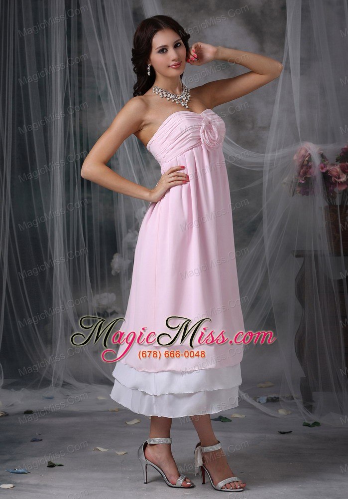 wholesale pink empire sweetheart tea-length chiffon hand made flower prom dress