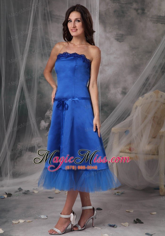 wholesale blue a-line / princess strapless tea-length taffeta sashes/ribbons prom dress
