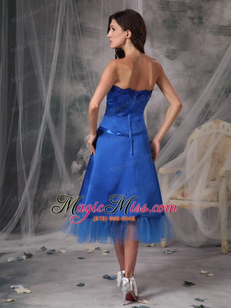wholesale blue a-line / princess strapless tea-length taffeta sashes/ribbons prom dress