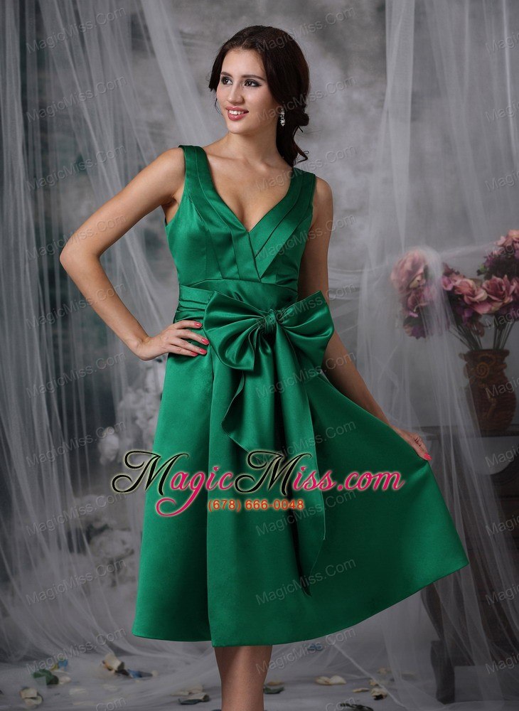 wholesale green column v-neck tea-length taffeta bow prom dress