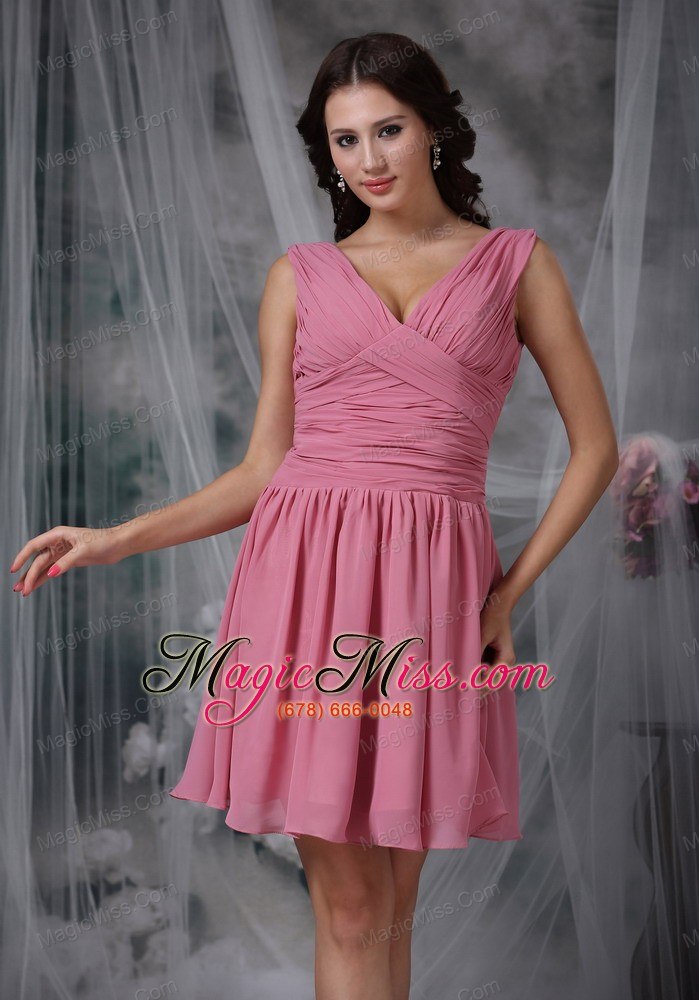 wholesale roes pink empire v-neck mini-length chiffon ruch prom dress
