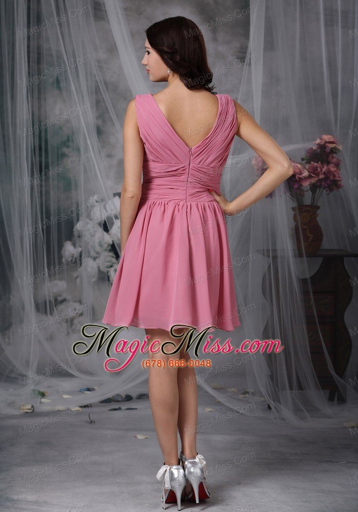 wholesale roes pink empire v-neck mini-length chiffon ruch prom dress