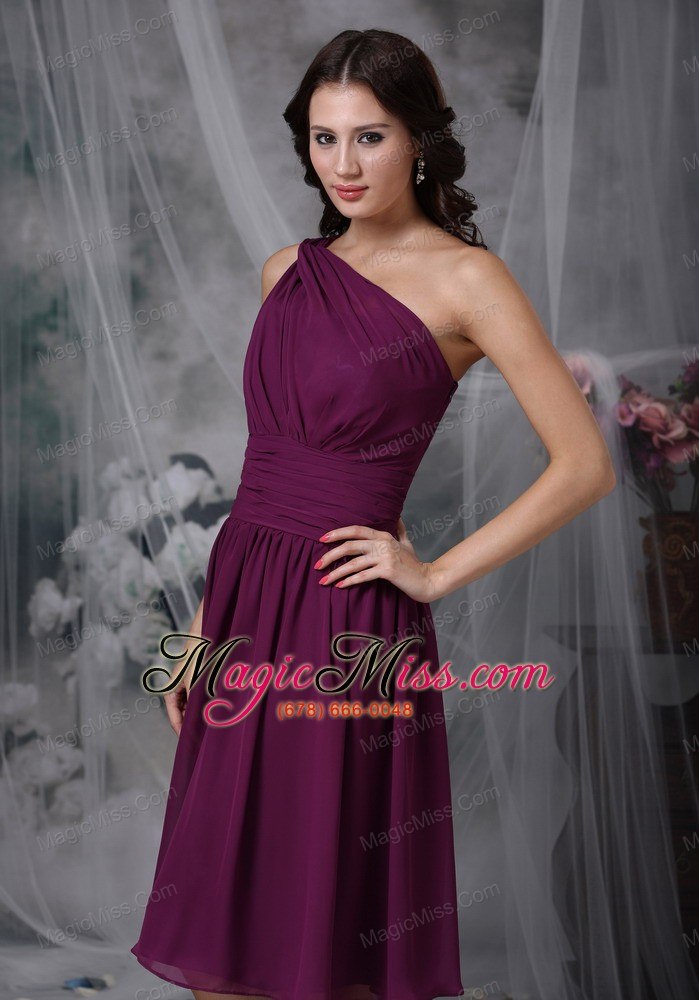 wholesale purple empire one shoulder knee-length chiffon ruch bridesmaid dress