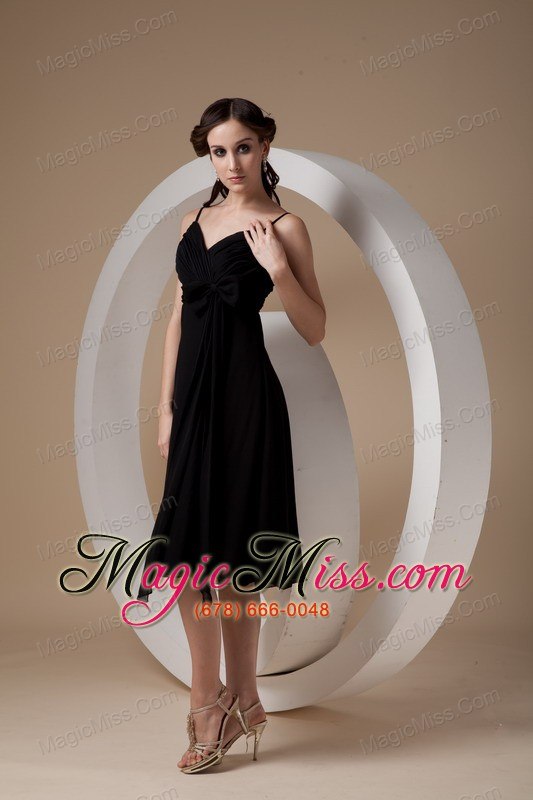 wholesale black empire spaghetti straps knee-length chiffon ruch and bow bridesmaid dress