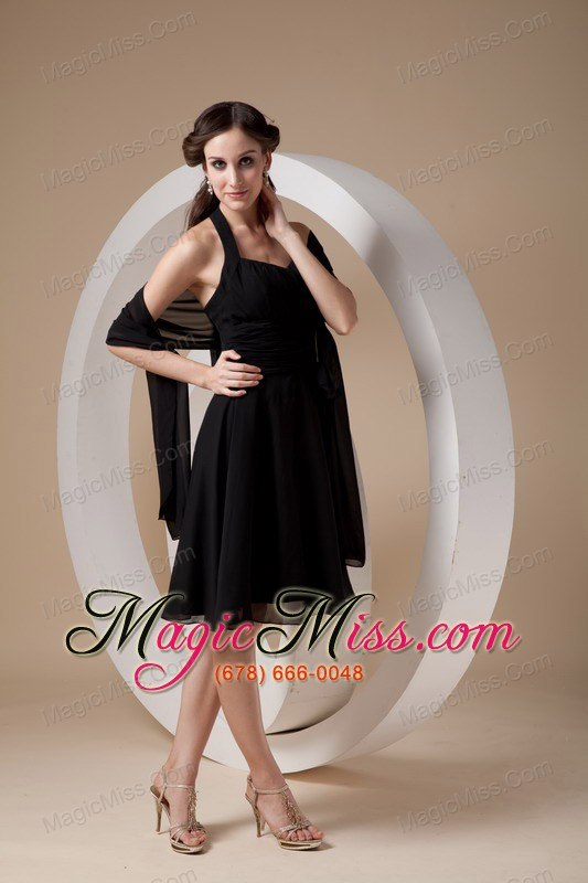 wholesale black column / sheath halter knee-length chiffon ruch bridesmaid dress