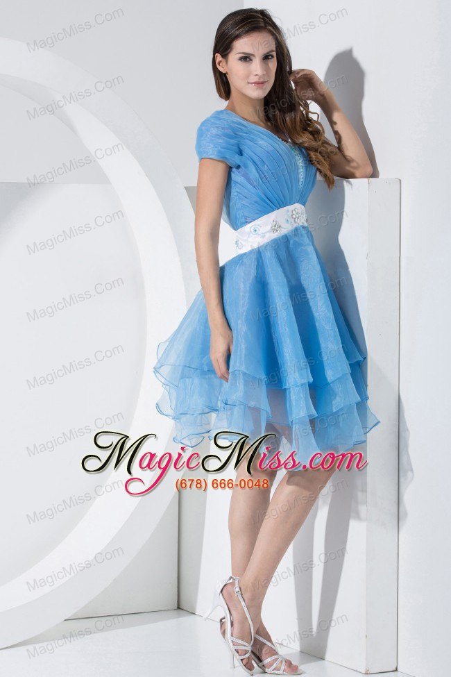 wholesale baby blue prom dress with embroidery and ruching v-neck knee-length short sleeves