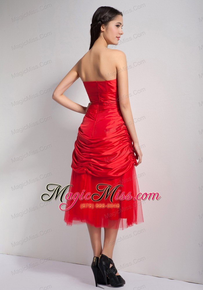 wholesale customize red a-line strapless hand made flowers prom dress tea-length taffeta and tulle