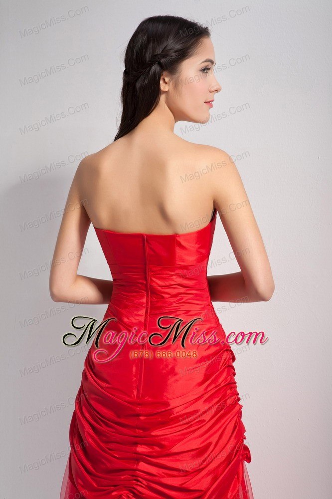 wholesale customize red a-line strapless hand made flowers prom dress tea-length taffeta and tulle