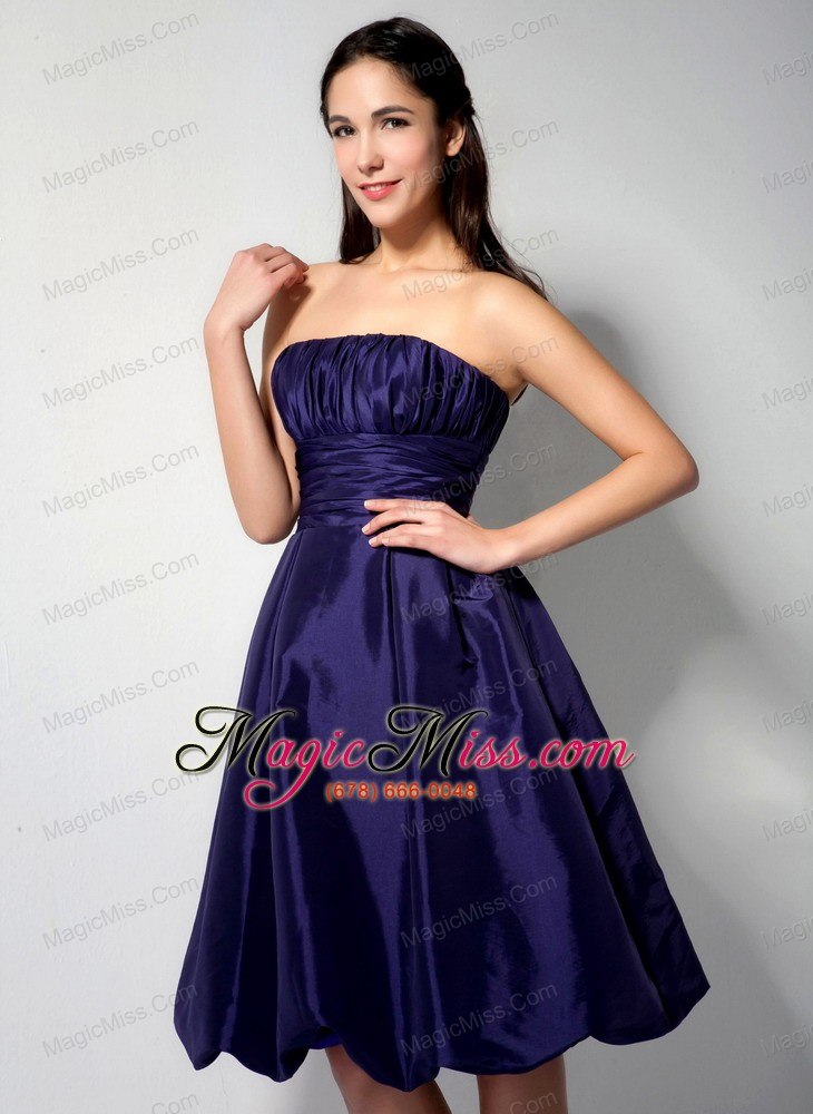 wholesale purple a-line strapless knee-legnth taffeta ruch bridesmaid dress
