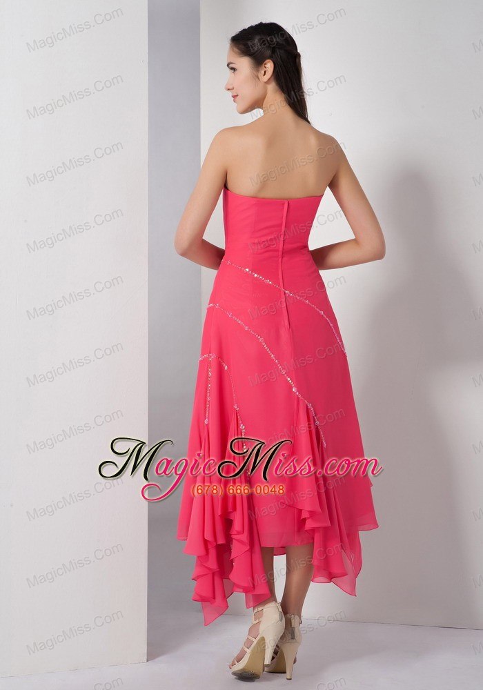 wholesale coral red empire strapless asymmetrical chiffon sequins prom dress