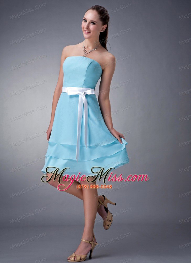 wholesale aqua empire strapless knee-length chiffon sash bridesmaid dress