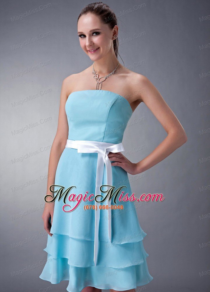 wholesale aqua empire strapless knee-length chiffon sash bridesmaid dress