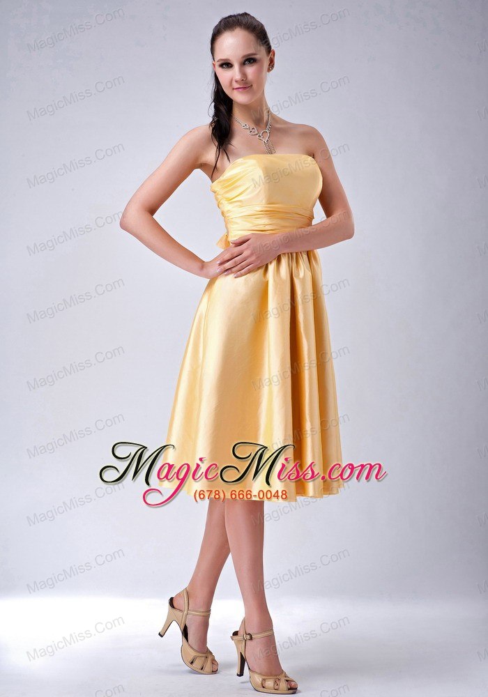 wholesale gold empire strapless tea-length satin bow bridesmaid dress