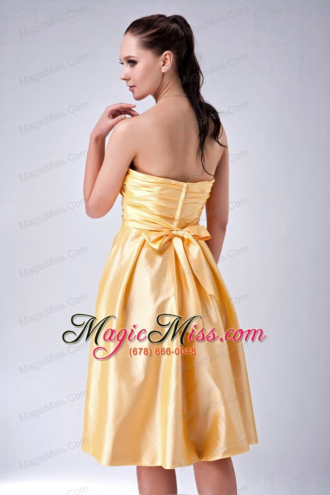 wholesale gold empire strapless tea-length satin bow bridesmaid dress