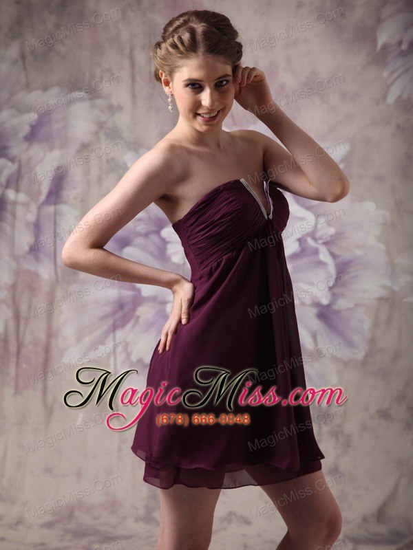 wholesale modest dark purple prom / cocktail dress a-line v-neck chiffon beading mini-length
