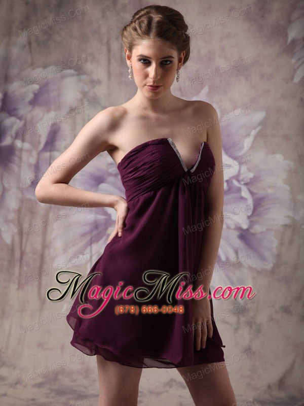 wholesale modest dark purple prom / cocktail dress a-line v-neck chiffon beading mini-length