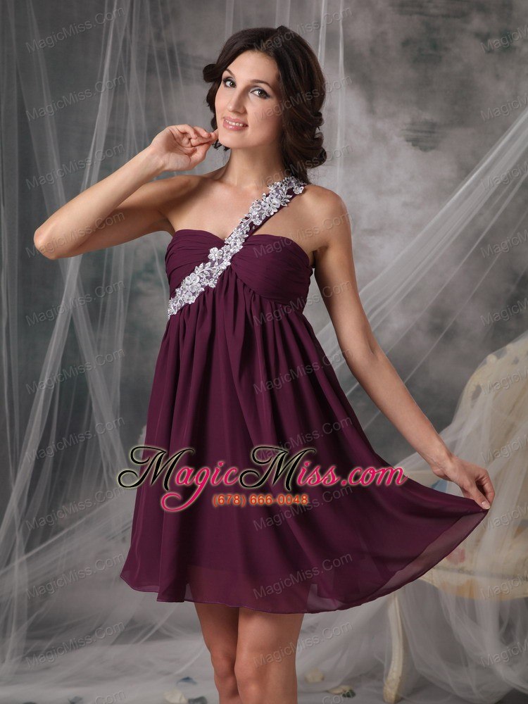 wholesale sweet dark purple short prom dress empire one shoulder chiffon appliques mini-length