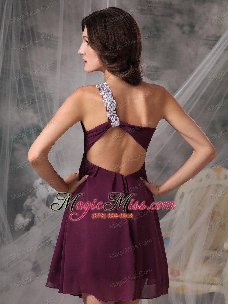 wholesale sweet dark purple short prom dress empire one shoulder chiffon appliques mini-length