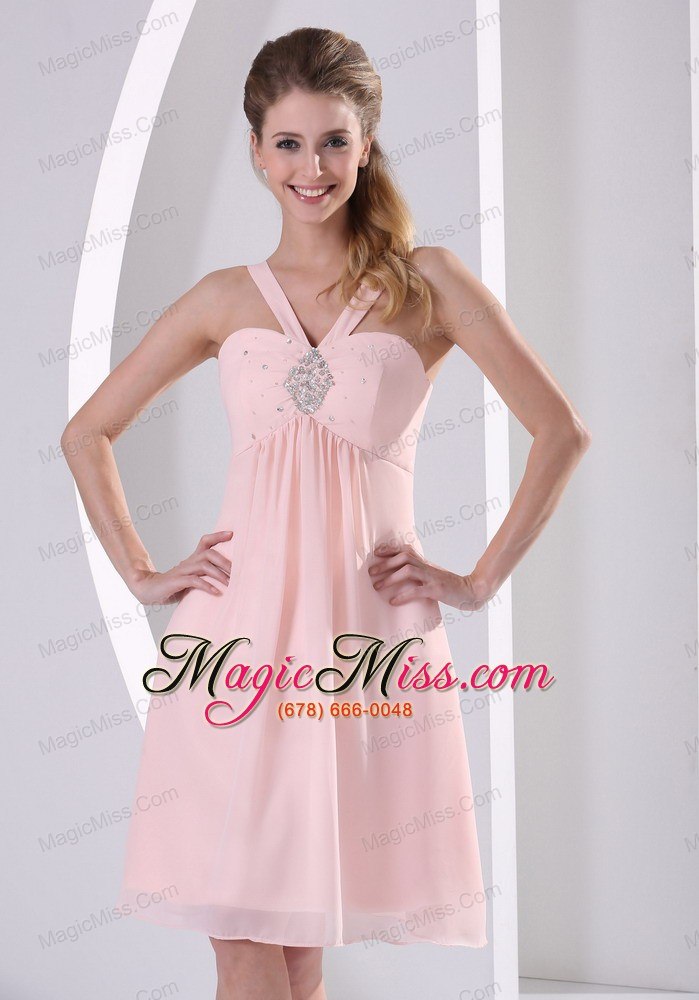 wholesale baby pink straps v-neck empire knee-length short prom dress with beading chiffon