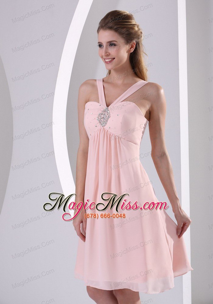 wholesale baby pink straps v-neck empire knee-length short prom dress with beading chiffon