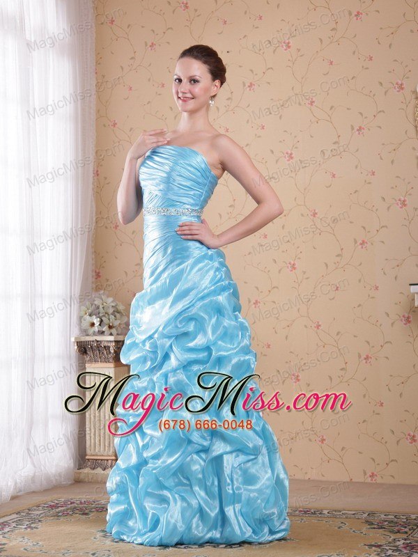 wholesale aqua blue column/sheath strapless floor-length organza beading prom dress