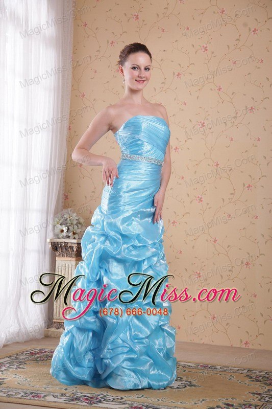 wholesale aqua blue column/sheath strapless floor-length organza beading prom dress